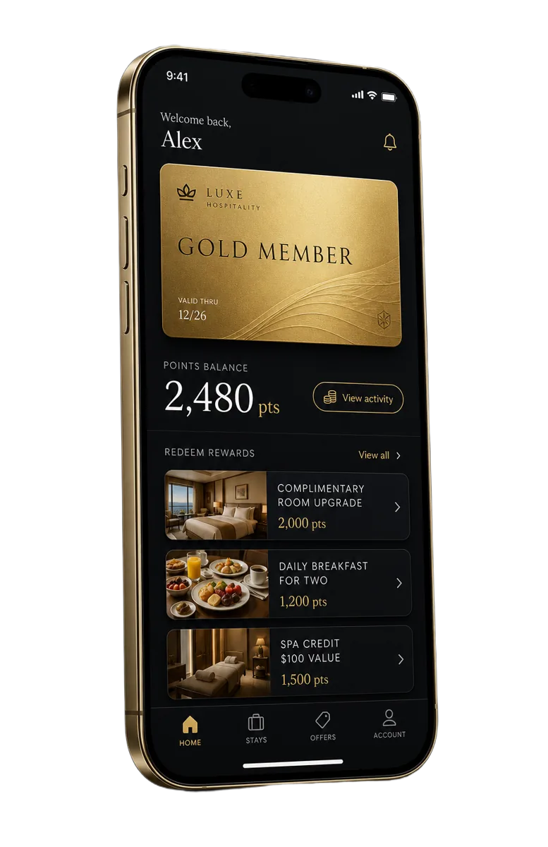 Loyalty app home screen with a gold membership card, points balance and rewards